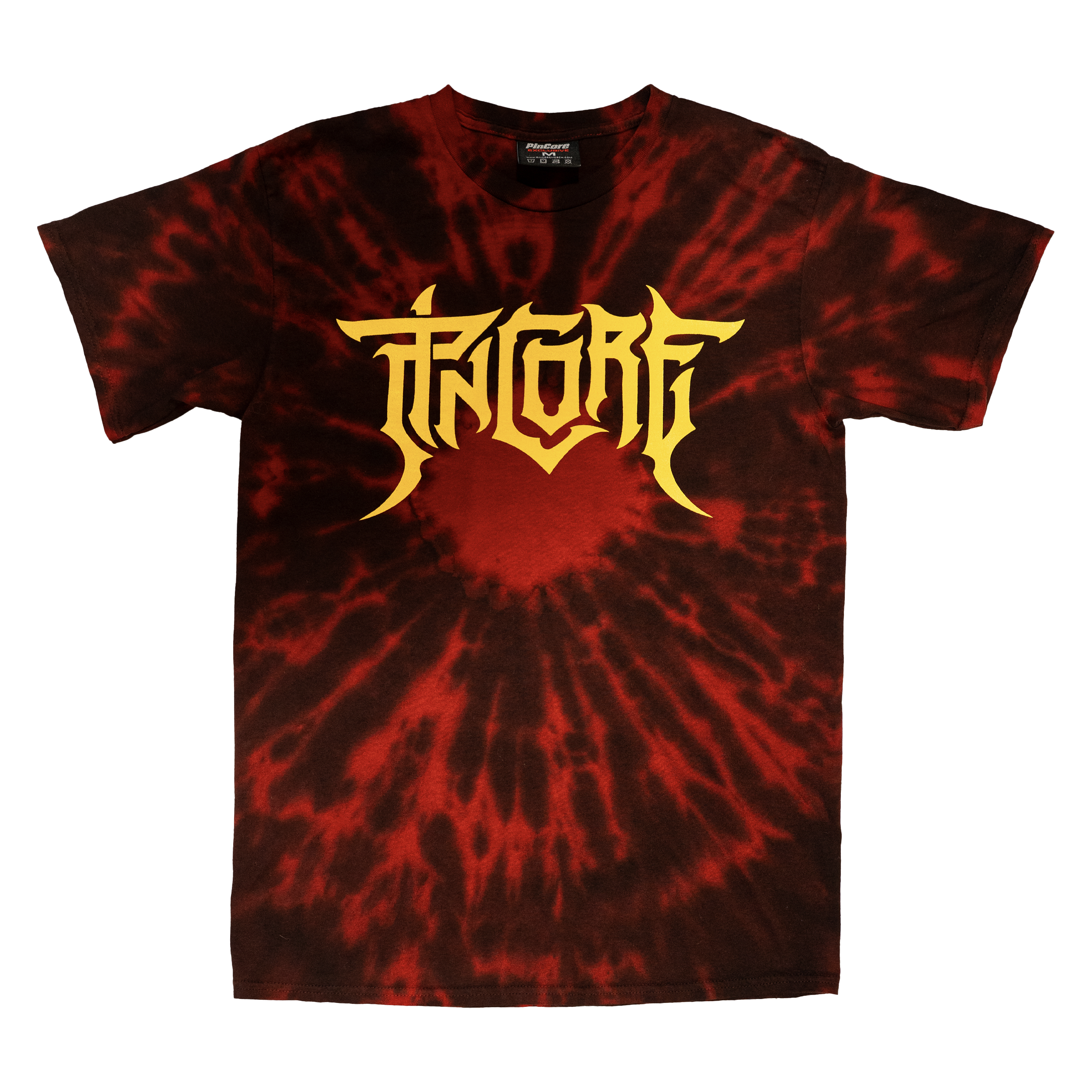Image of Pincore Merchandise red and black tie dye T-Shirt featuring bold yellow Pincore logo centered on chest short sleeve casual tee