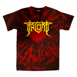 Image of Pincore Merchandise red and black tie dye T-Shirt featuring bold yellow Pincore logo centered on chest short sleeve casual tee