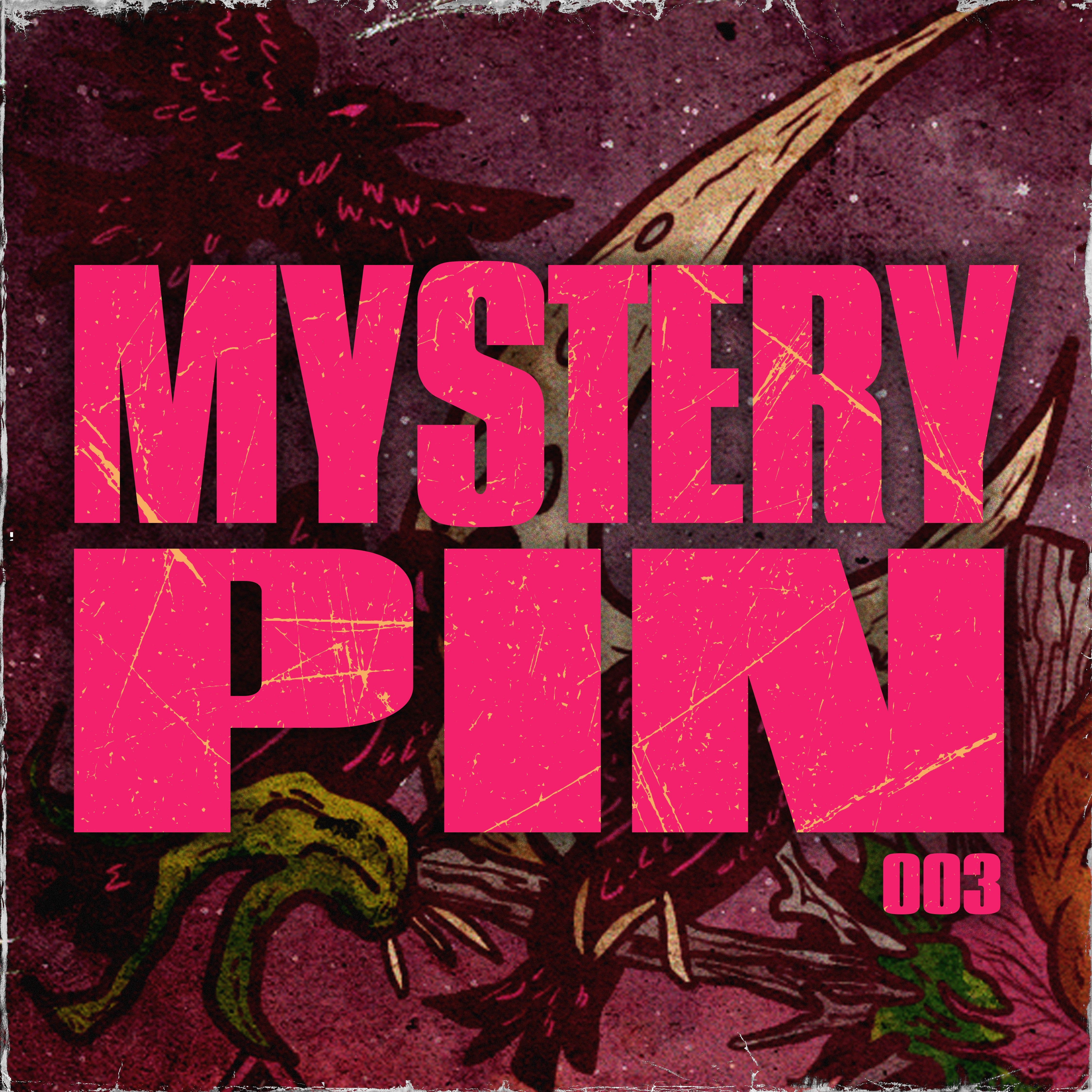 Pincore Merchandise 2025 Halloween mystery pin featuring bold pink MYSTERY PIN text with crow and moon illustration