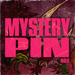 Image of Pincore Merchandise 2025 Halloween mystery pin featuring bold pink MYSTERY PIN text with crow and moon illustration