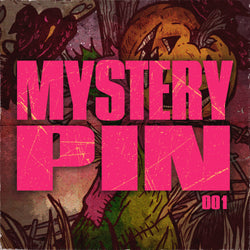 Image of Pincore Merchandise 2025 Halloween mystery pin with bold pink MYSTERY PIN text over pumpkin horror artwork