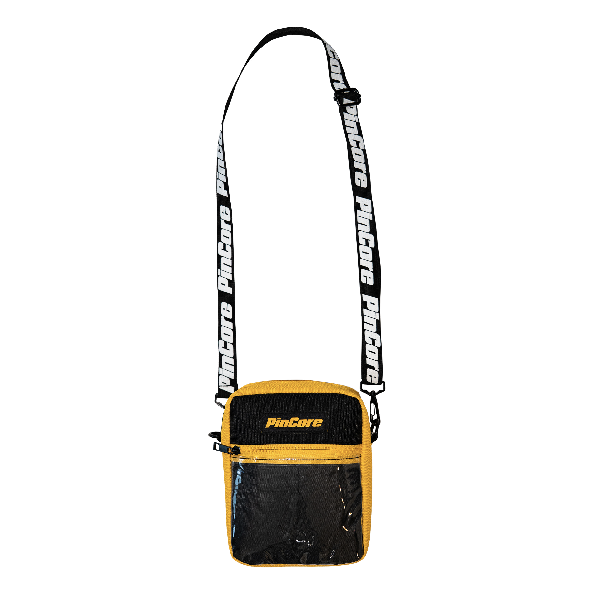 Image of Pincore Merchandise yellow and black bag with clear front panel and branded strap pin display shoulder bag for collectors