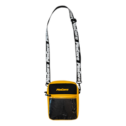 Image of Pincore Merchandise yellow and black bag with clear front panel and branded strap pin display shoulder bag for collectors