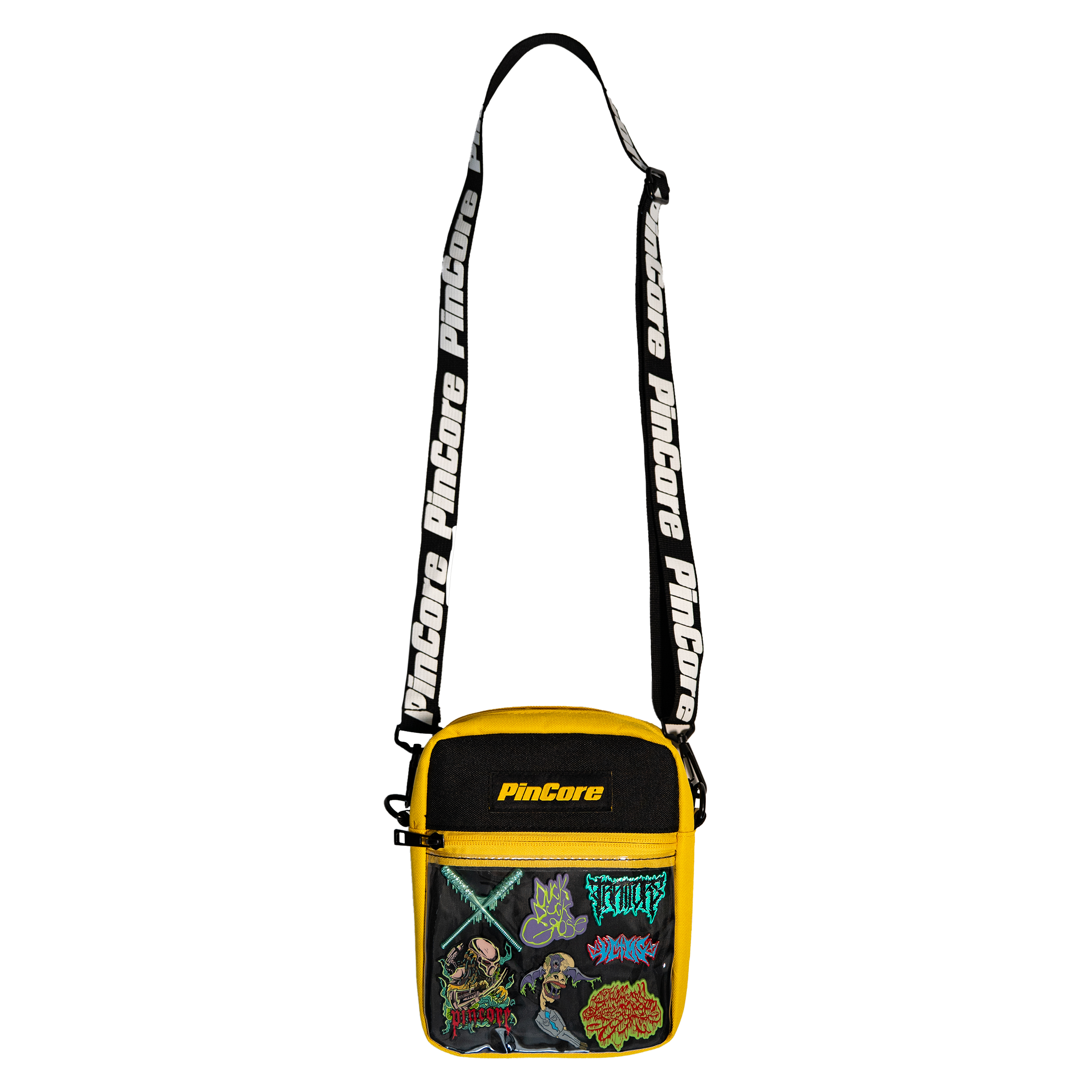 Image of Pincore yellow shoulder bag with clear front pocket showcasing enamel pins Pincore Merchandise pin display shoulder bag