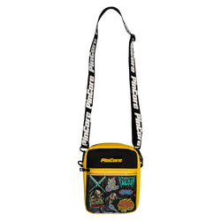 Image of Pincore yellow shoulder bag with clear front pocket showcasing enamel pins Pincore Merchandise pin display shoulder bag