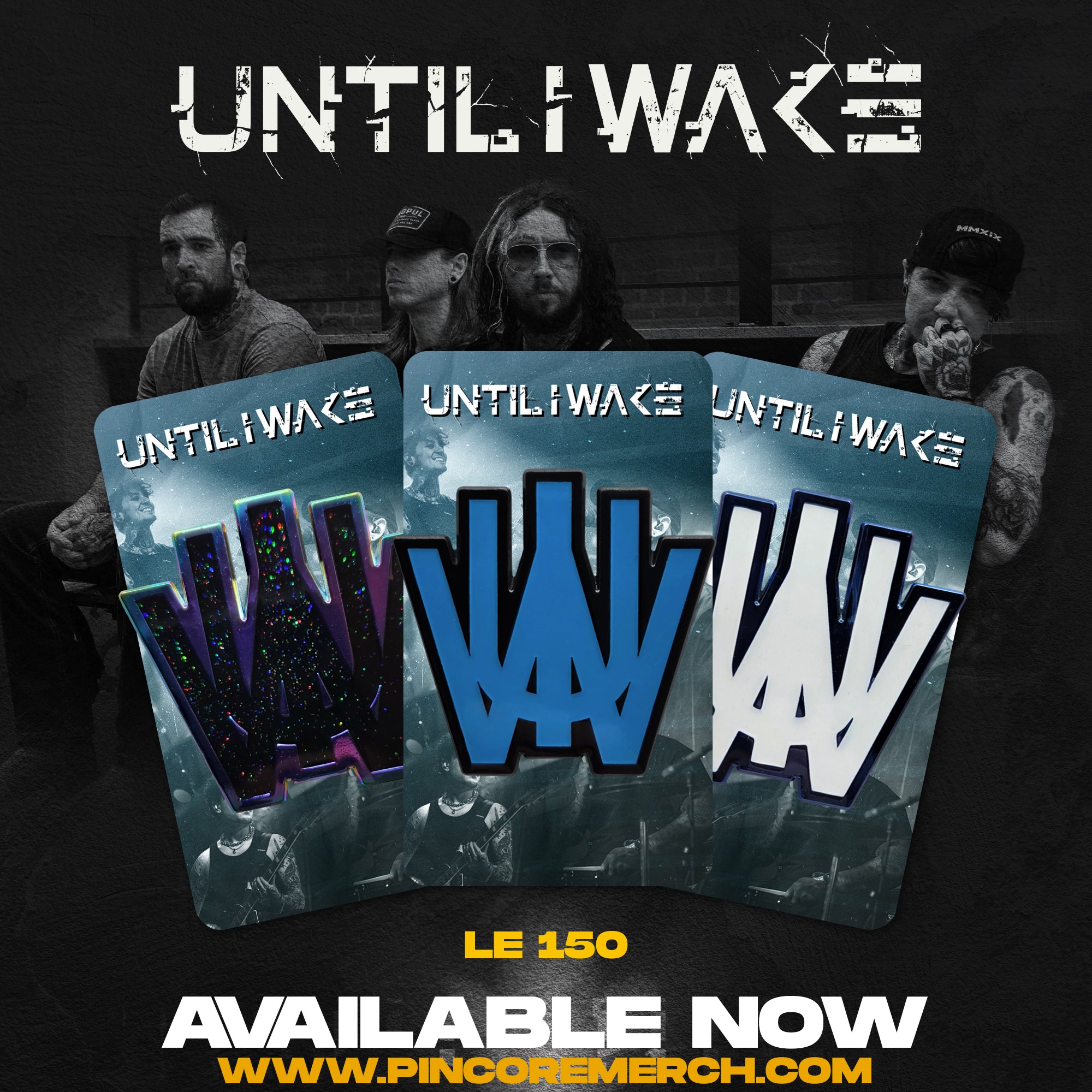 Image of Until I Wake enamel pin trio on backing cards showing band logo designs with dark band photo background