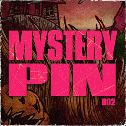 Image of Pincore Merchandise 2025 Halloween mystery pin art with bold pink MYSTERY PIN text over pumpkin and haunted house