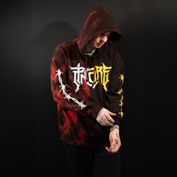 Image of Pincore Merchandise limited edition tie dye hoodie black and red with bold graffiti logo and barbed wire sleeve prints