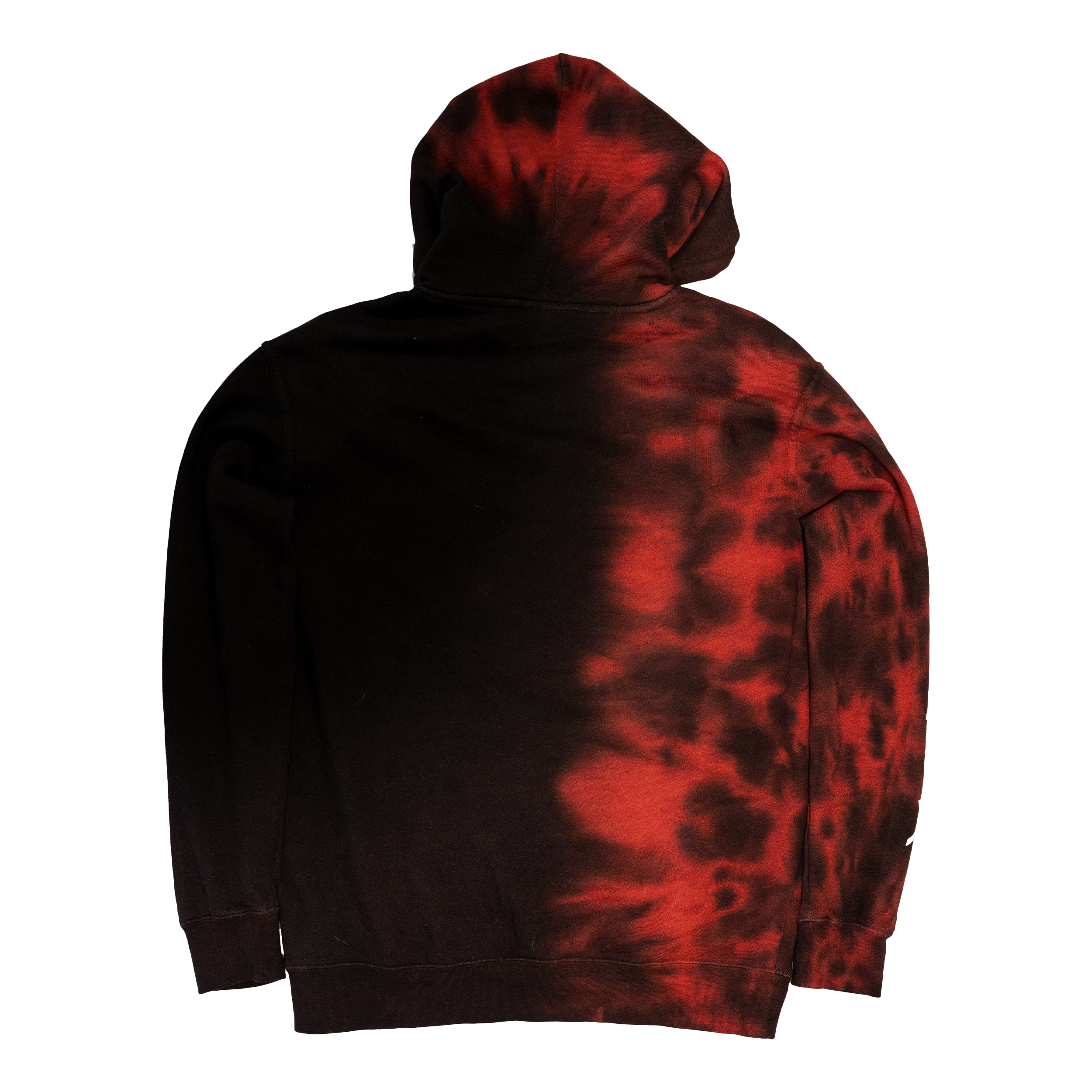 Image of Pincore Merchandise limited edition tie dye hoodie black with red dye pattern back view hooded cotton pullover