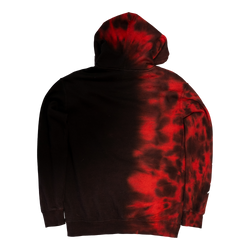 Image of Pincore Merchandise limited edition tie dye hoodie black with red dye pattern back view hooded cotton pullover