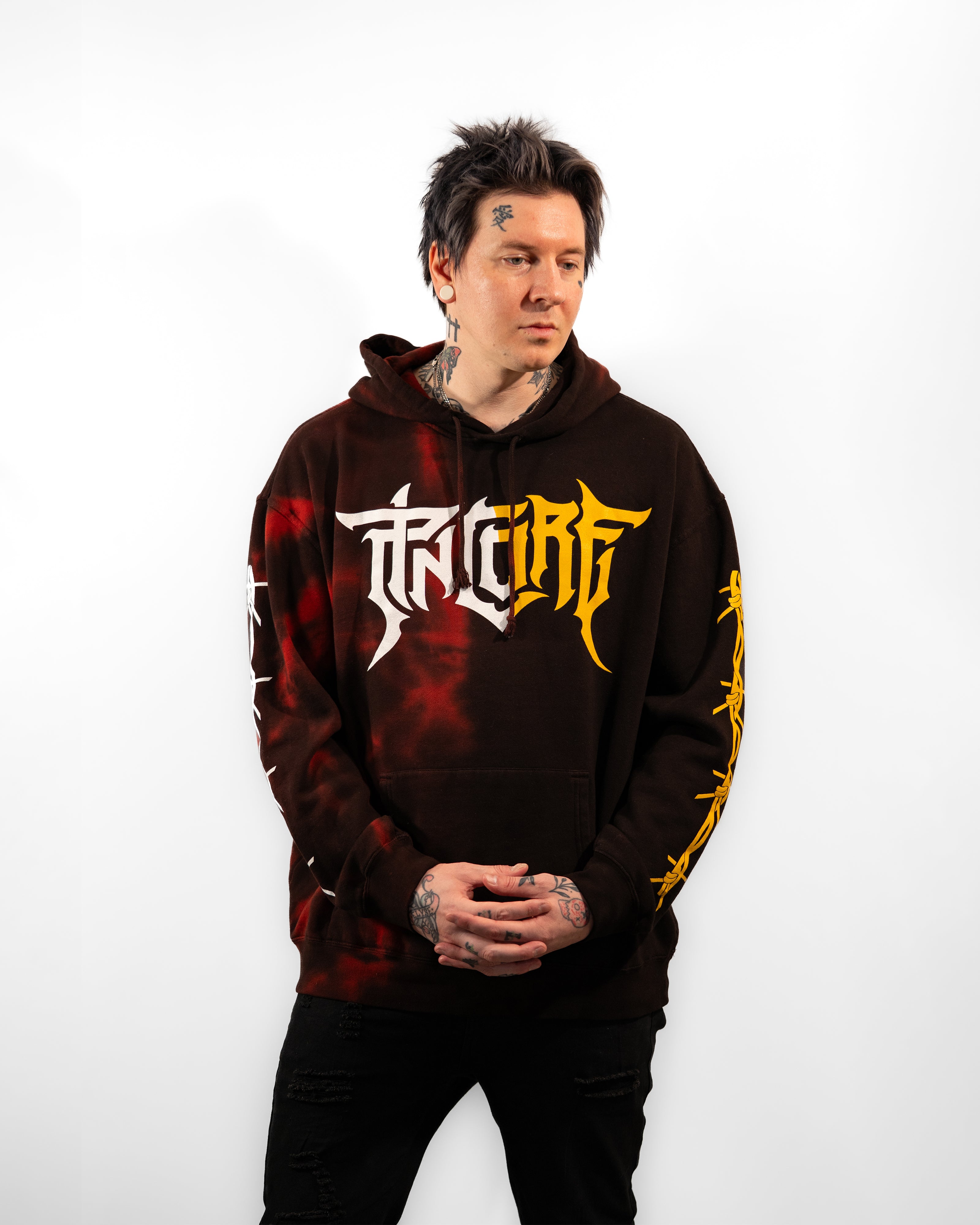 Image of Pincore Merchandise limited edition tie dye hoodie black with red dye white and yellow logo on chest and sleeves modeled
