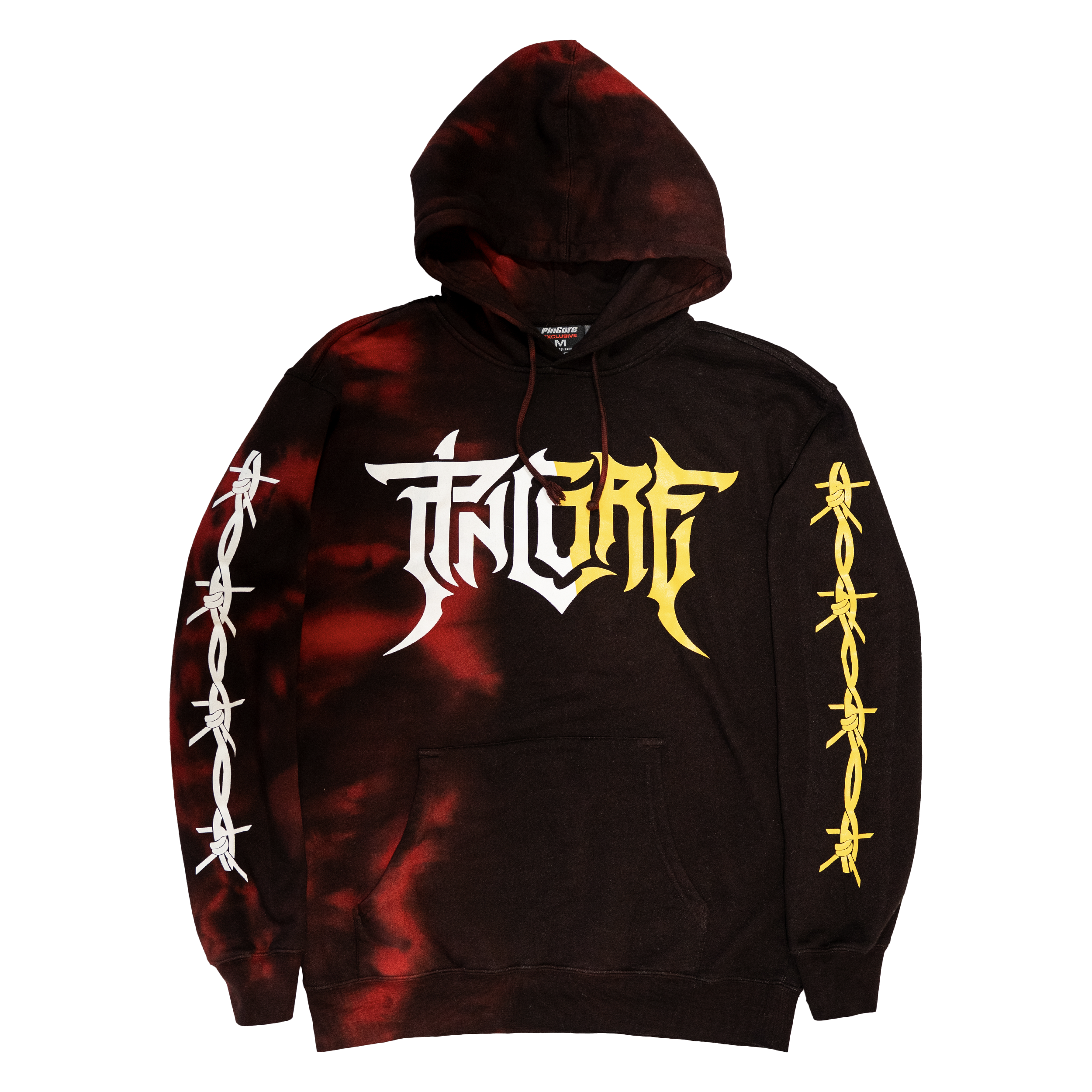 Image of Pincore Merchandise limited edition tie dye hoodie black with red tie dye and white and yellow sleeve barbed wire graphics