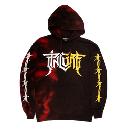 Image of Pincore Merchandise limited edition tie dye hoodie black with red tie dye and white and yellow sleeve barbed wire graphics