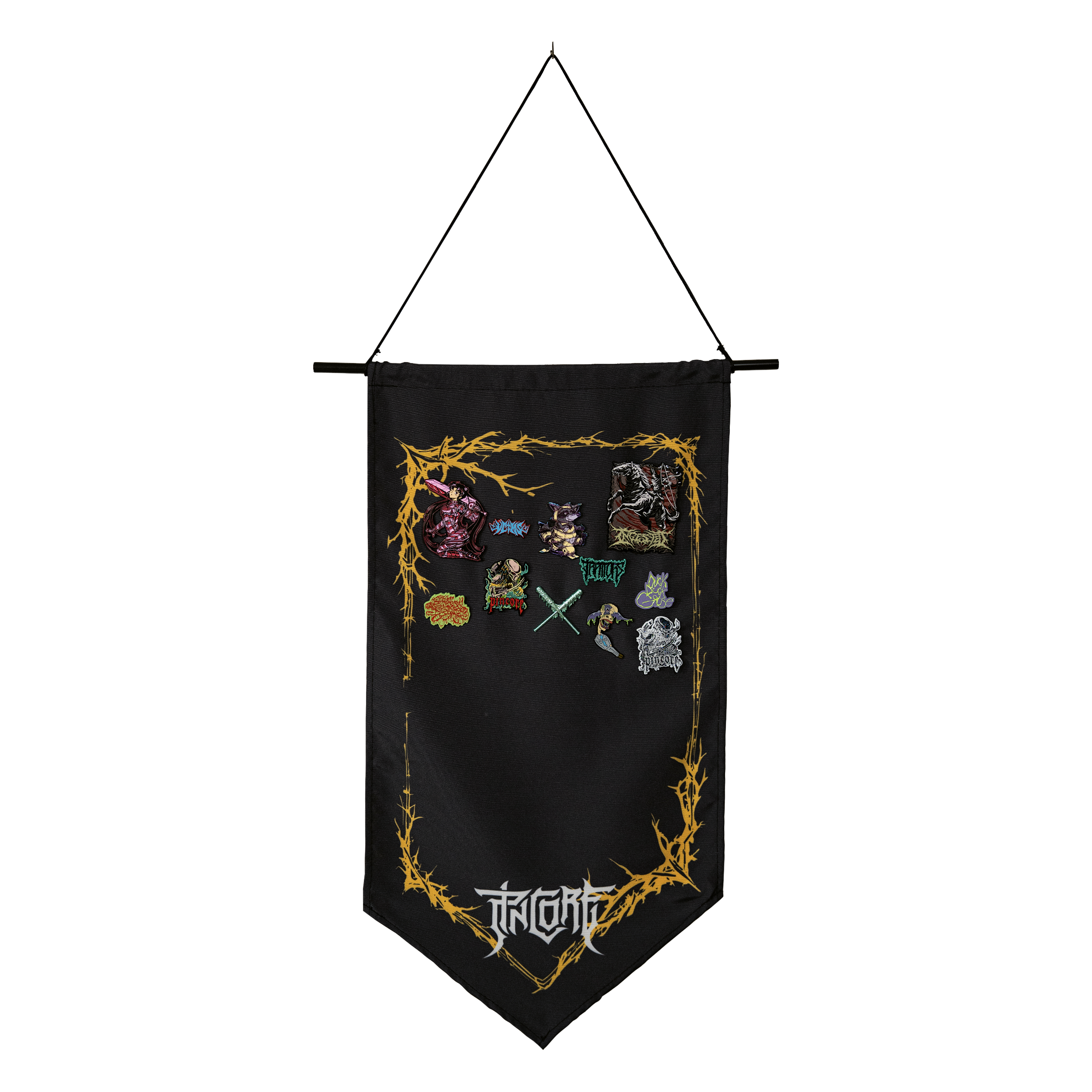 Image of Pincore Merchandise black fabric banner with yellow thorn border and enamel pins on hanging pin display board
