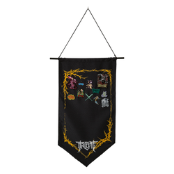 Image of Pincore Merchandise black fabric banner with yellow thorn border and enamel pins on hanging pin display board